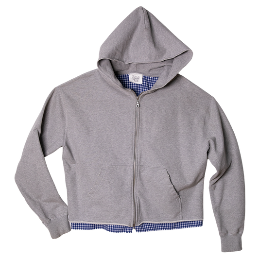 Gray hoodie with a checkered lining on a white background