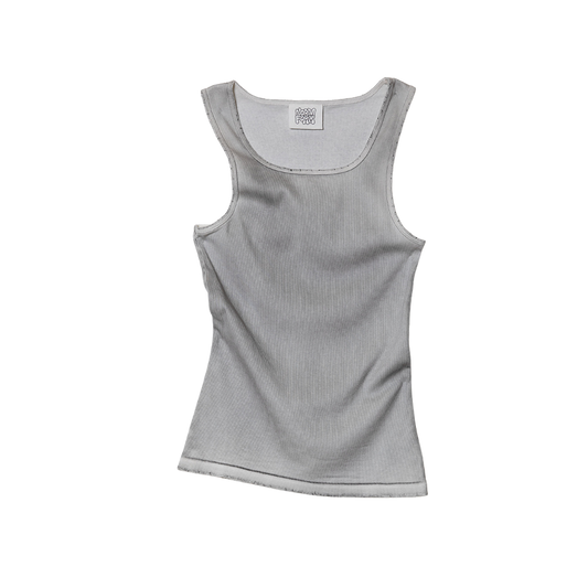 This image features a stylish gray tank top with a square neckline. The tank top exhibits a heavy wash effect, which adds to its appeal, making it appear casual and trendy.