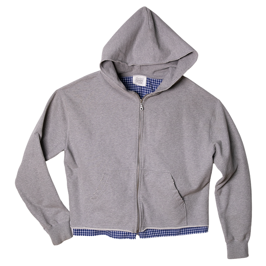 Gray hoodie with a checkered lining on a white background