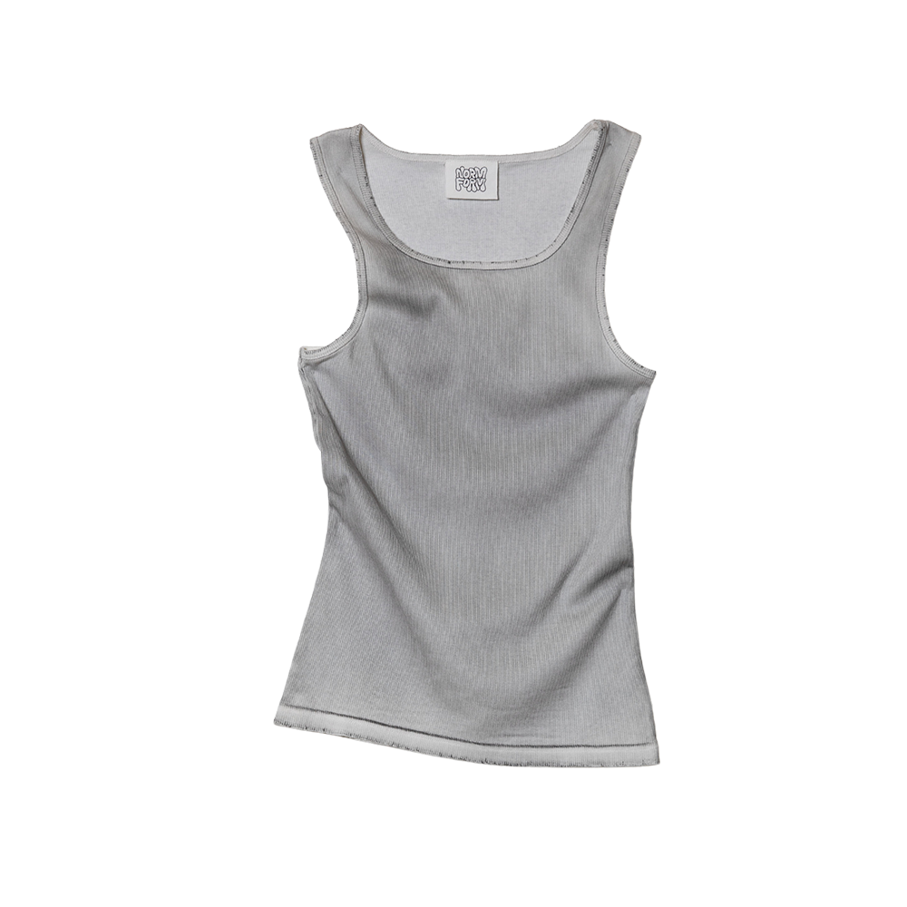 This image features a stylish gray tank top with a square neckline. The tank top exhibits a heavy wash effect, which adds to its appeal, making it appear casual and trendy.